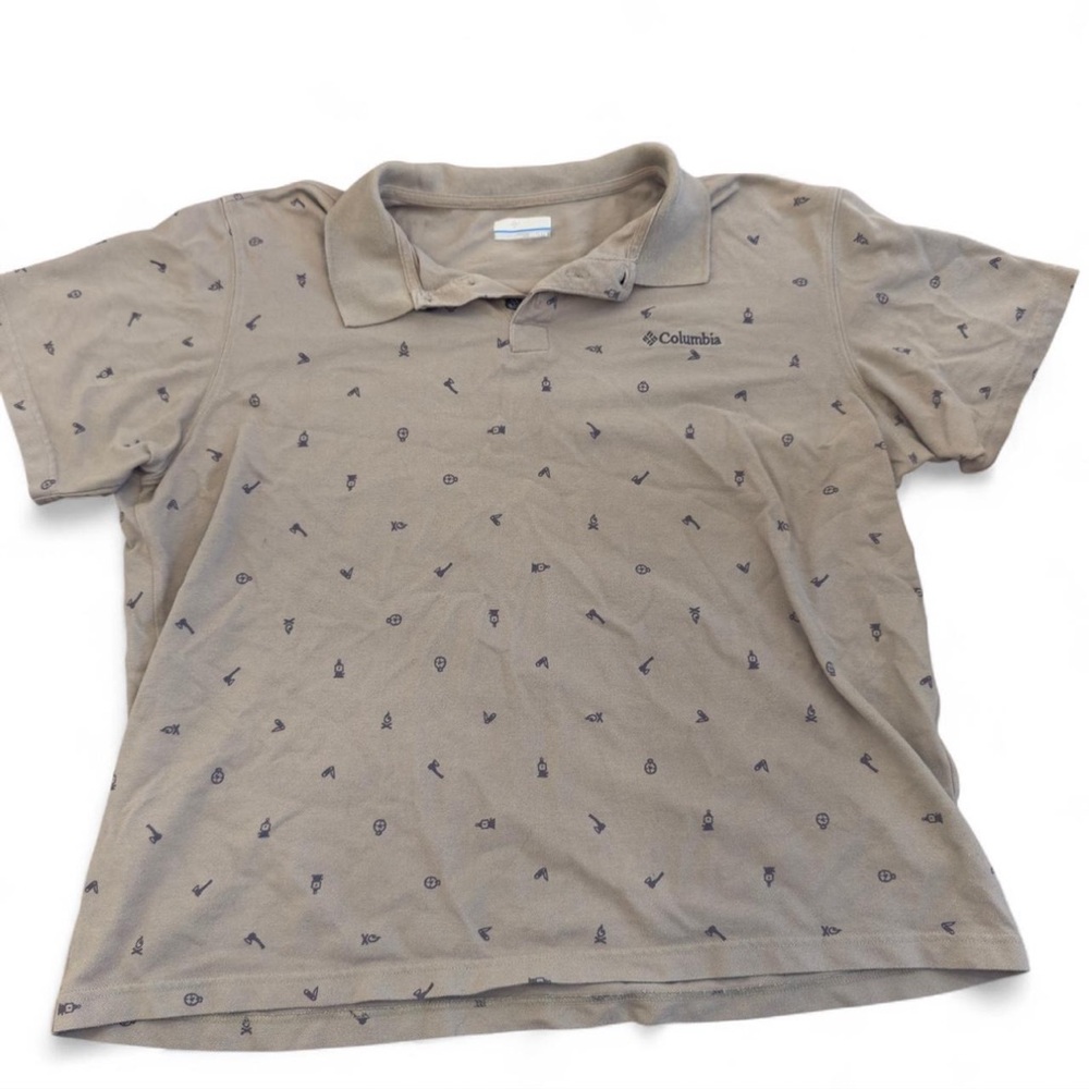 Columbia Highline Peak Polo Shirt Taupe‎ Axe Fire Camping Print S/S Sz XXL 2XL